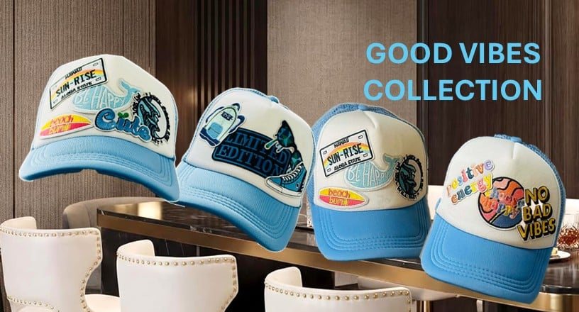 Good Vibes Collection: light blue and white truckers with beach and No Bad Vibes patches