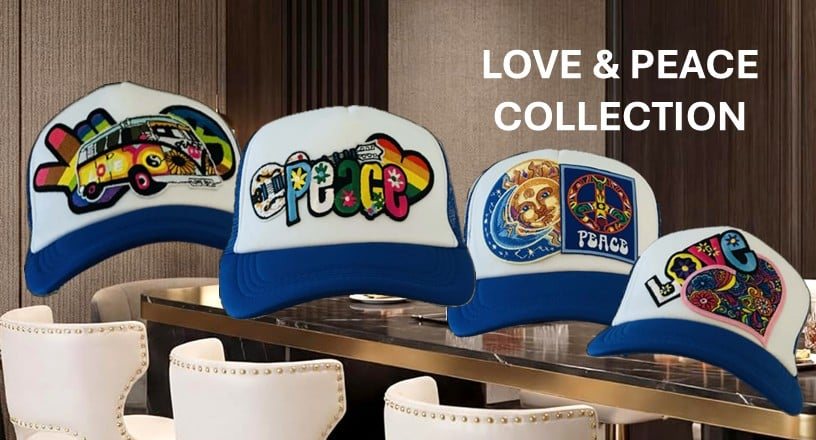 Love & Peace Collection: royal blue and white truckers with Peace, Love and VW bus patches
