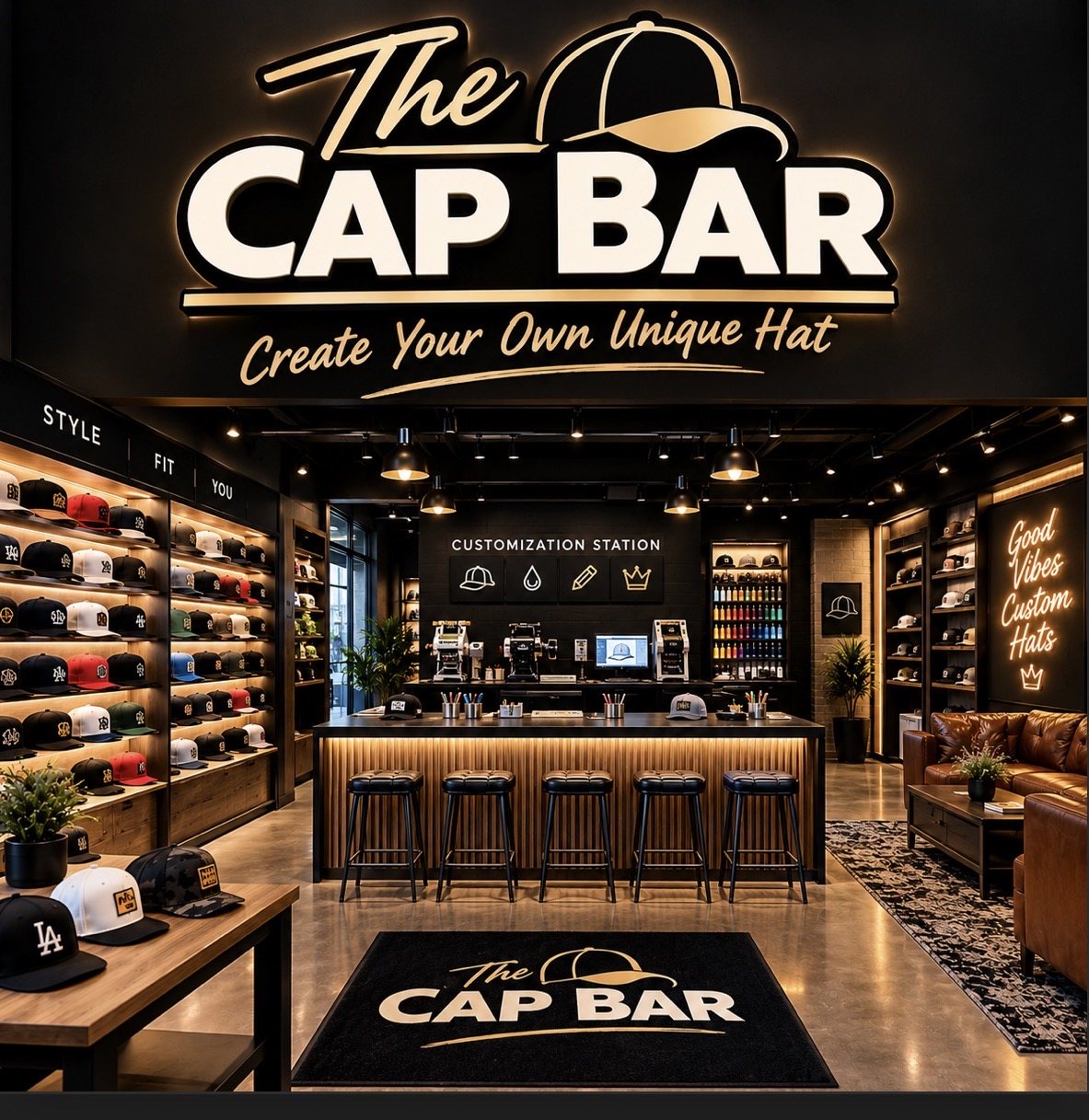The Cap Bar store: the Create Your Own Unique Hat sign over walls of hats, a patch bar and a gold and black Cap Bar rug